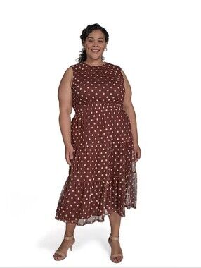 Jessica Howard NWT Brown Polka Dot Chiffon Tiered Midi Dress 14W Smocked Waist
